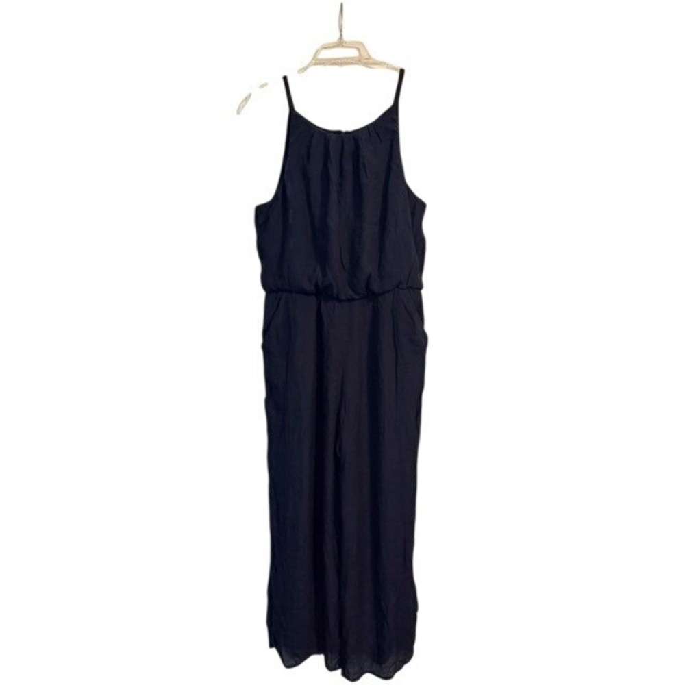 Navy Blue Sleeveless Wide Leg Blouson Jumpsuit Spaghetti Strap Pockets L EUC
